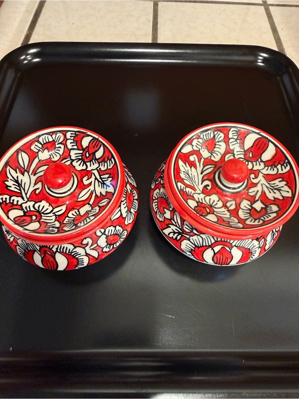 Pair of Hand-Painted Red Floral Ceramic Lidded Bowls